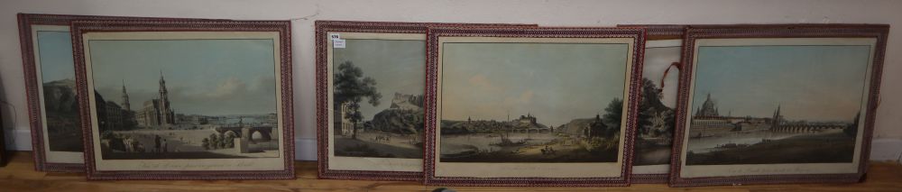 After C J Hammer, set of six coloured prints, Views of Dresden and Meissen, overall 54 x 67cm